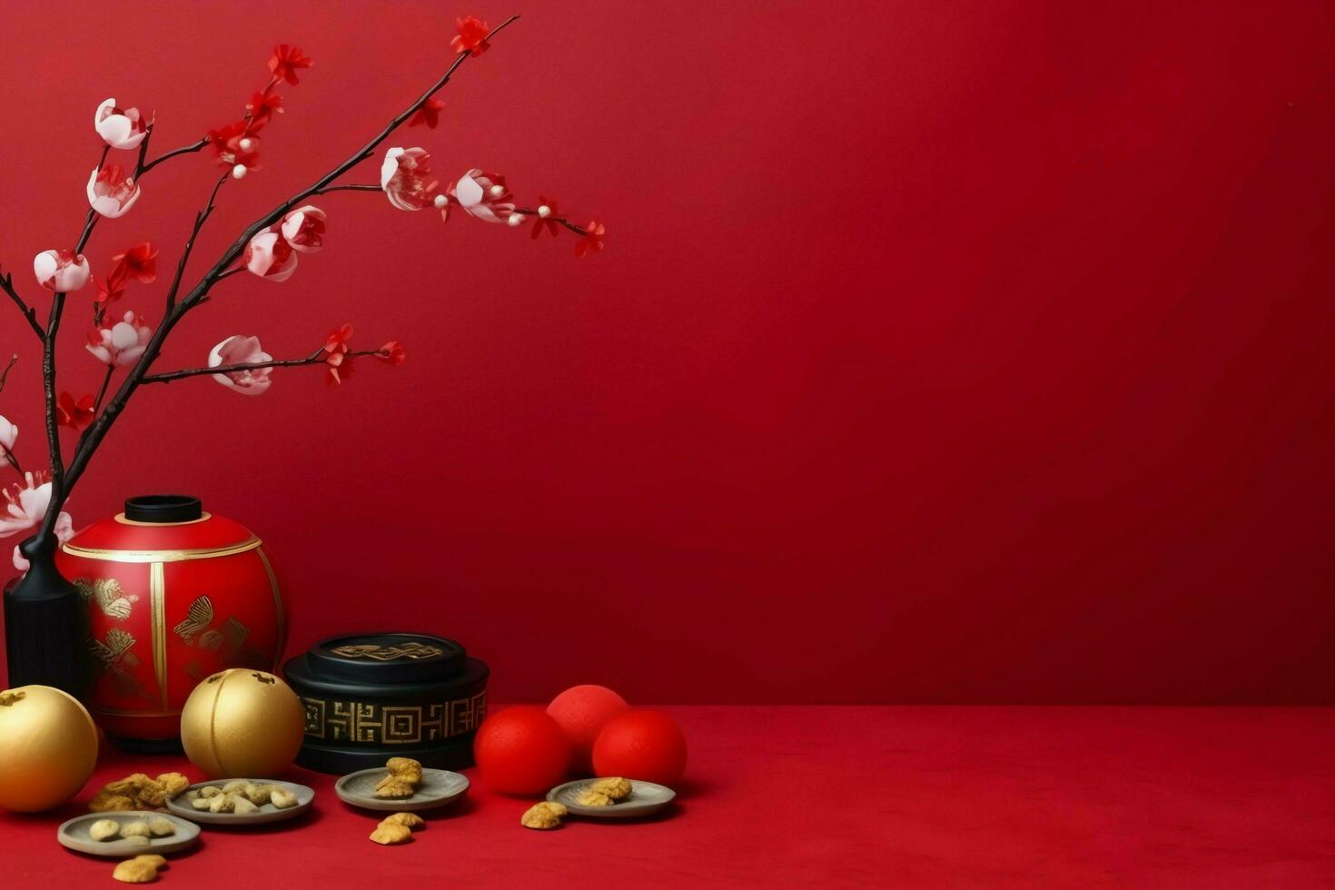 Chinese new year background with traditional lanterns, sakura flowers and copy space. Lunar new year concept by AI Generated photo