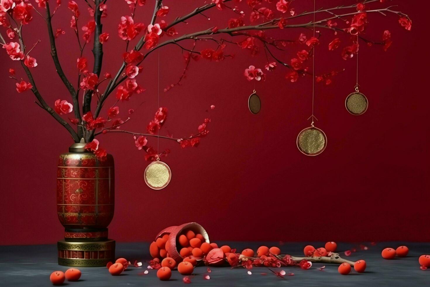 Chinese new year background with traditional lanterns, sakura flowers and copy space. Lunar new year concept by AI Generated photo