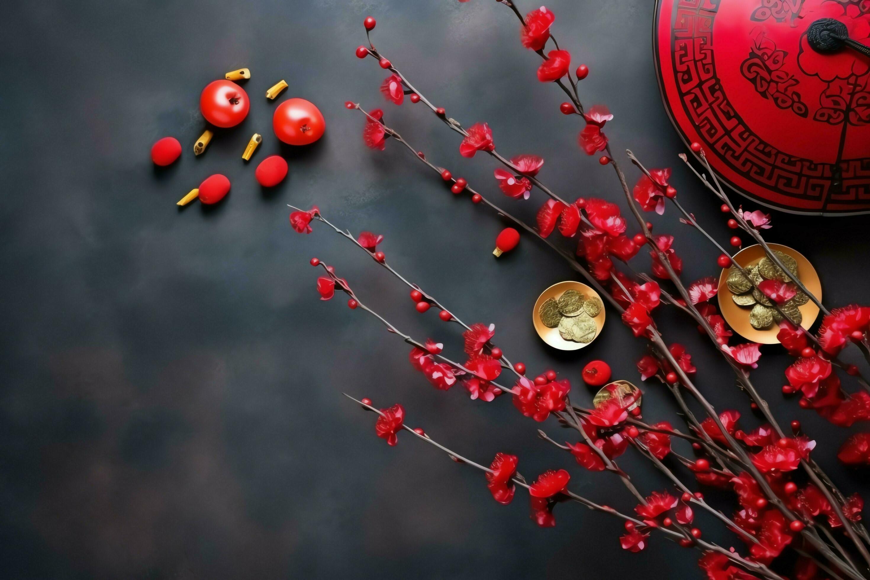 Chinese new year background with traditional lanterns, sakura flowers