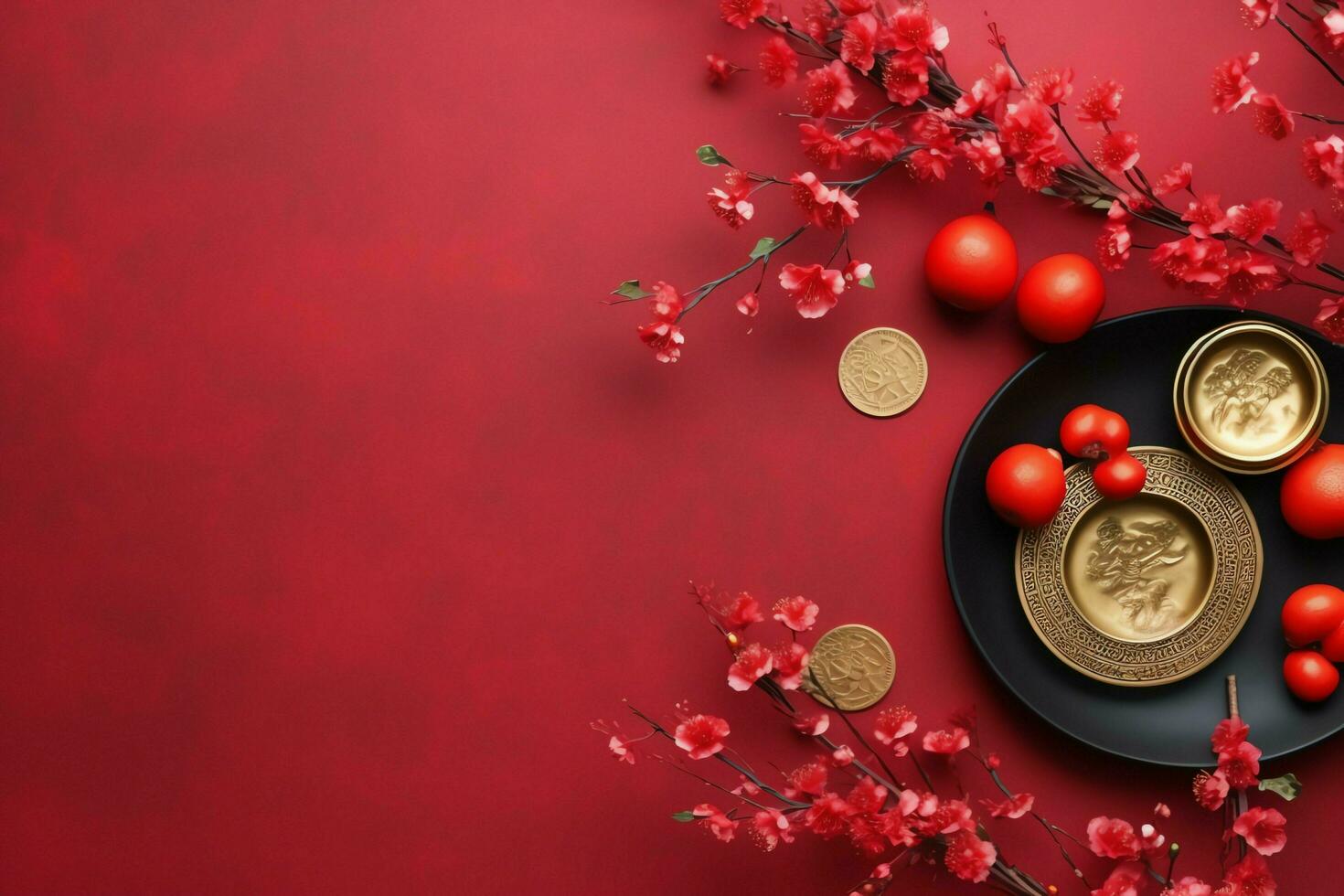 Chinese new year background with traditional lanterns, sakura flowers and copy space. Lunar new year concept by AI Generated photo