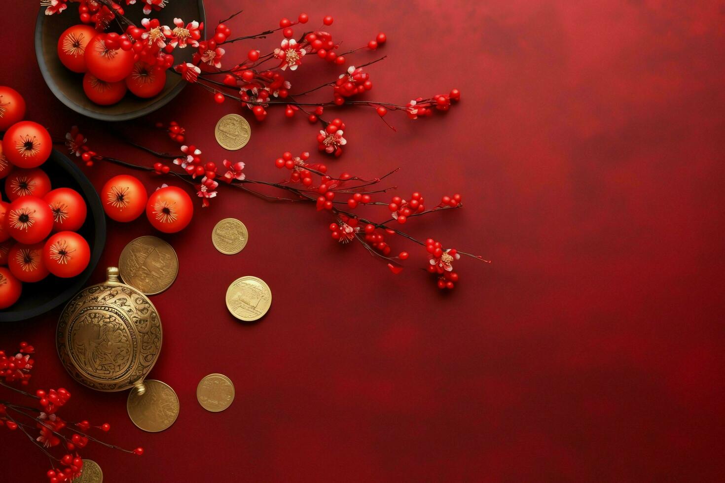 Chinese new year background with traditional lanterns, sakura flowers and copy space. Lunar new year concept by AI Generated photo