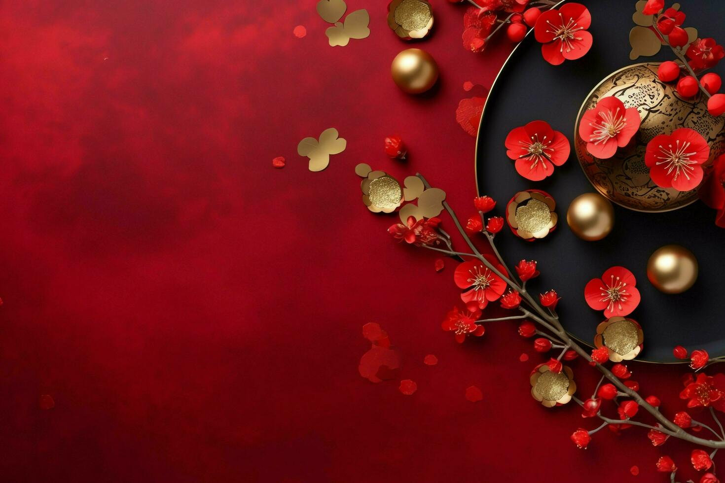Chinese new year background with traditional lanterns, sakura flowers and copy space. Lunar new year concept by AI Generated photo