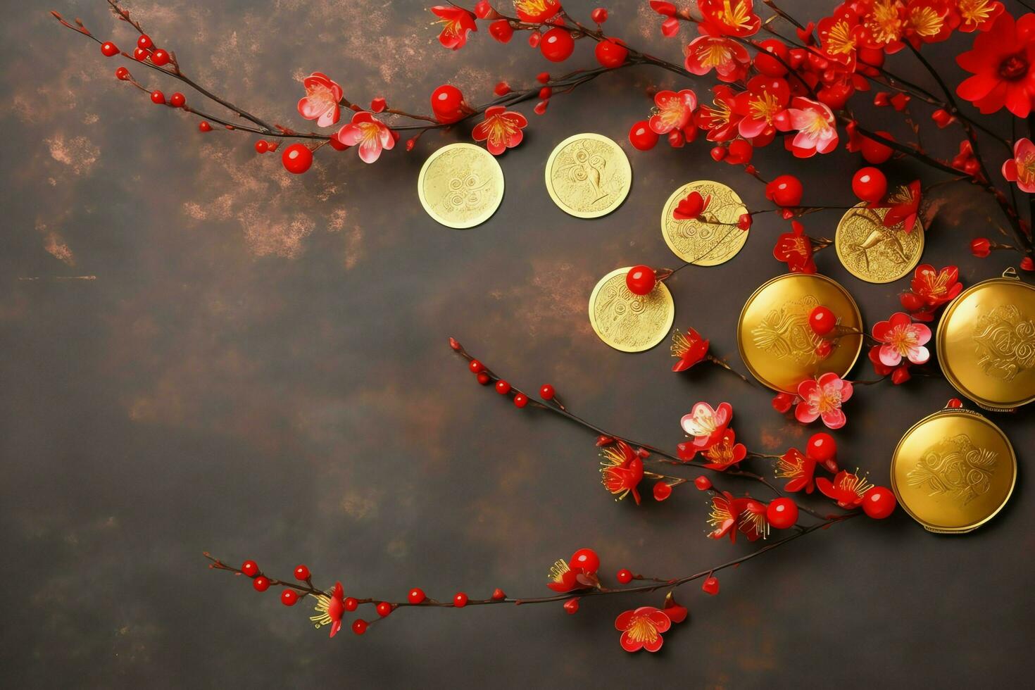 Chinese new year background with traditional lanterns, sakura flowers and copy space. Lunar new year concept by AI Generated photo