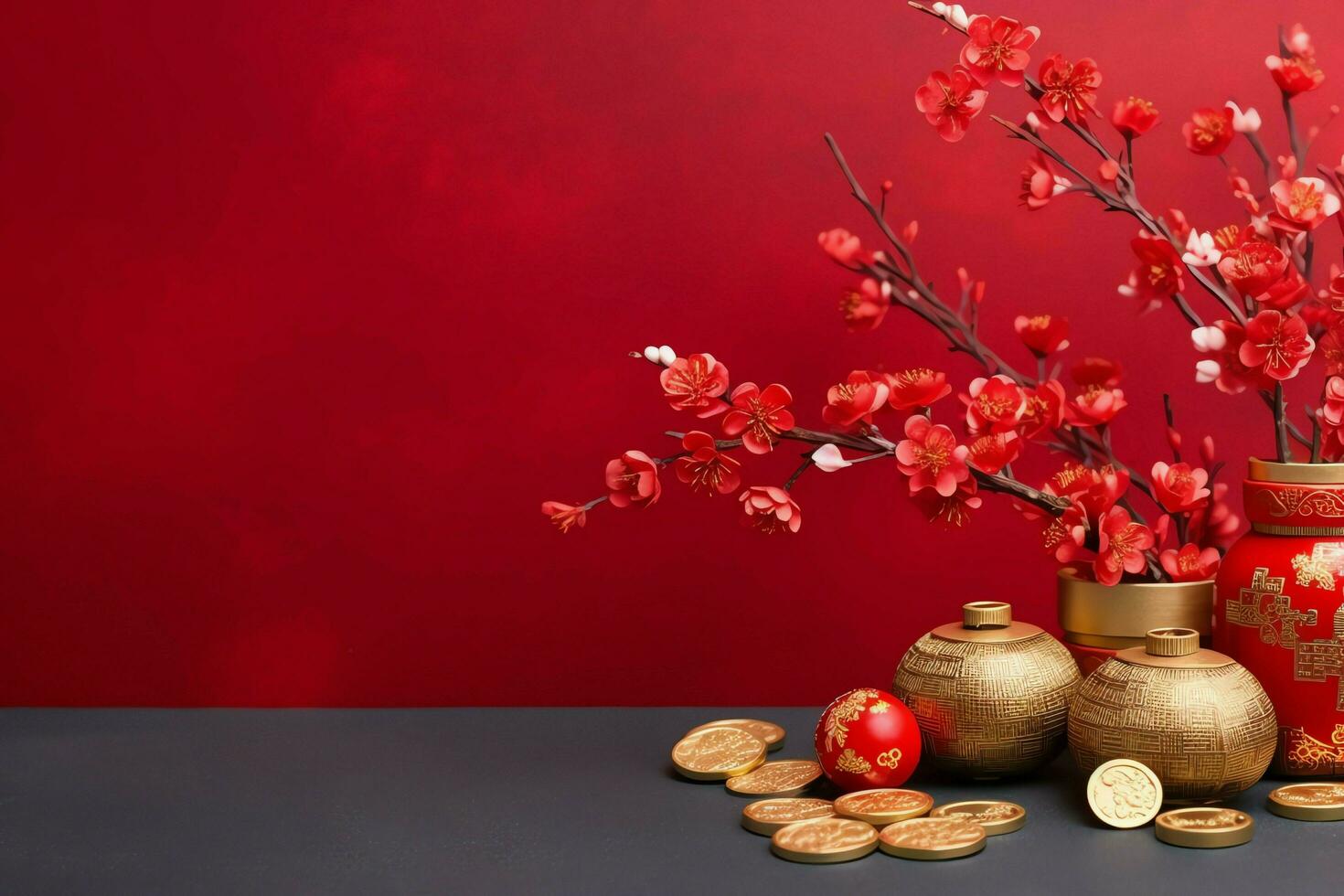 chino nuevo año antecedentes con tradicional linternas, sakura flores y Copiar espacio. lunar nuevo año concepto por ai generado foto