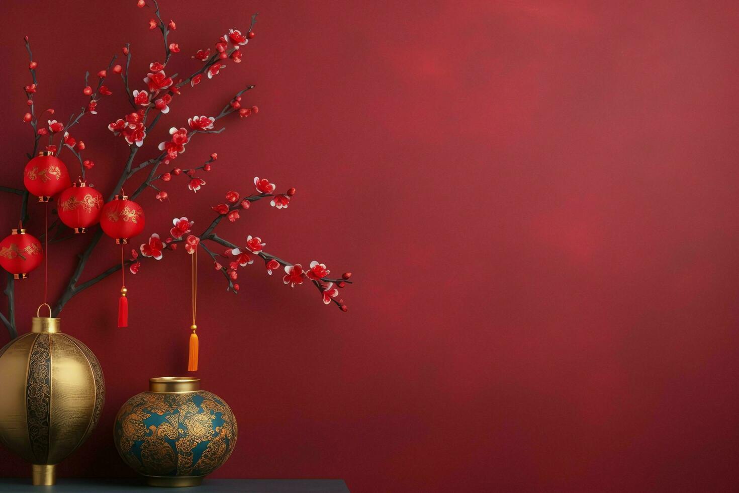 Chinese new year background with traditional lanterns, sakura flowers and copy space. Lunar new year concept by AI Generated photo