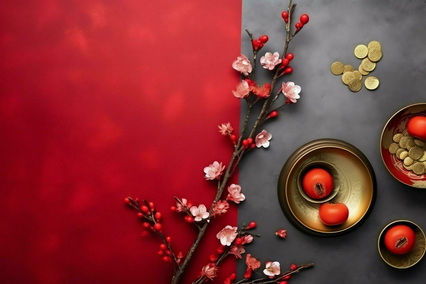 Chinese new year background with traditional lanterns, sakura flowers and copy space. Lunar new year concept by AI Generated photo