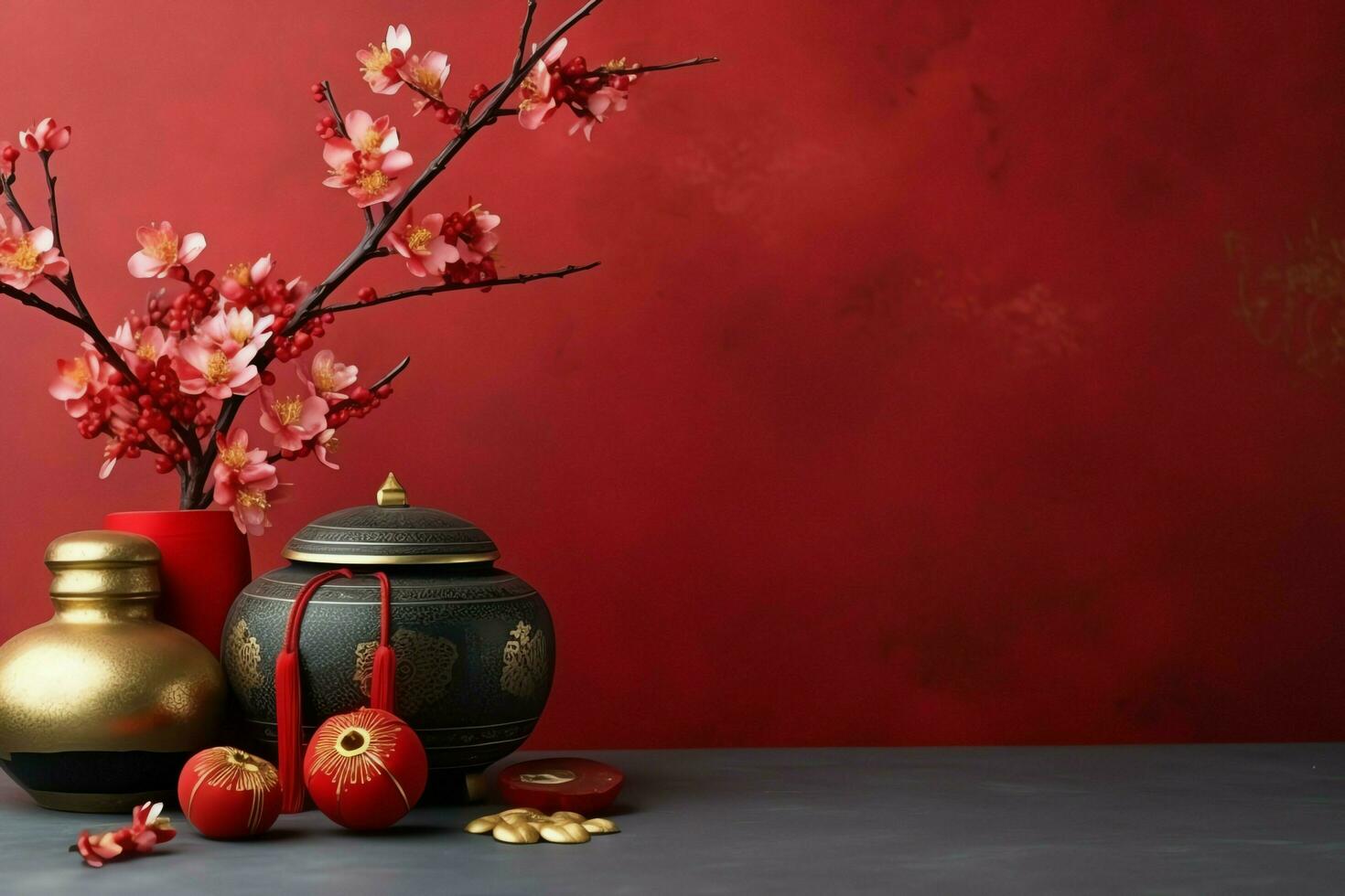 Chinese new year background with traditional lanterns, sakura flowers and copy space. Lunar new year concept by AI Generated photo