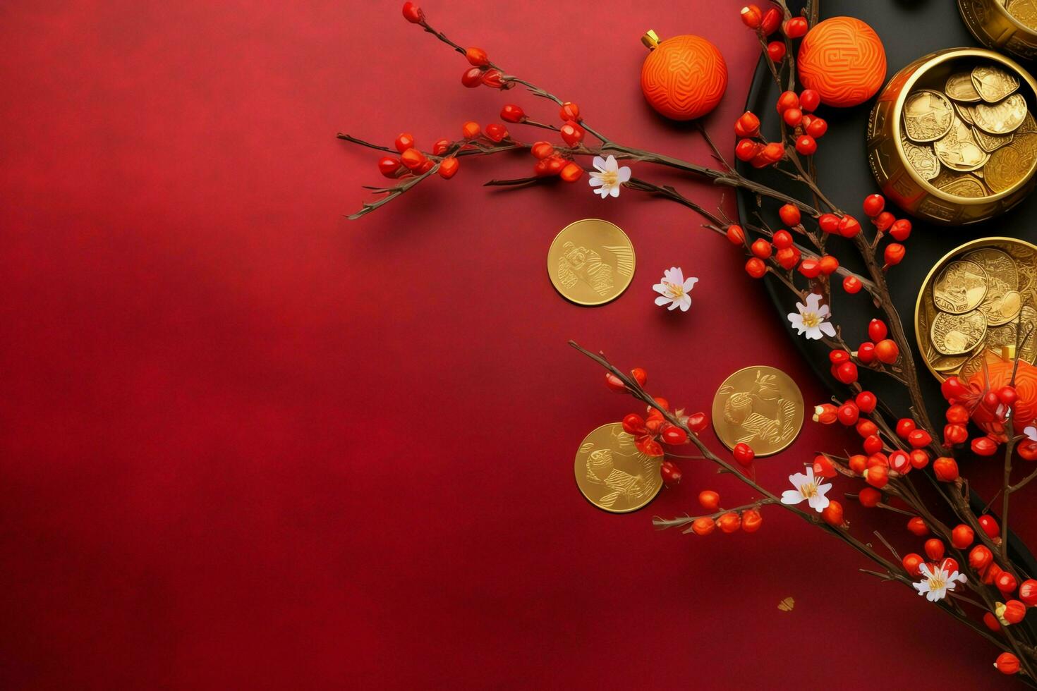 Chinese new year background with traditional lanterns, sakura flowers and copy space. Lunar new year concept by AI Generated photo