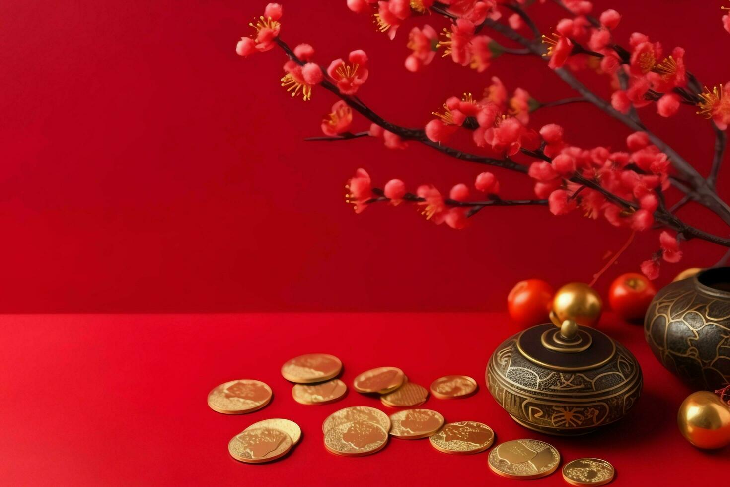 Chinese new year background with traditional lanterns, sakura flowers and copy space. Lunar new year concept by AI Generated photo