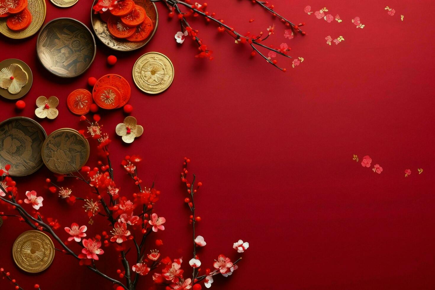 Chinese new year background with traditional lanterns, sakura flowers and copy space. Lunar new year concept by AI Generated photo