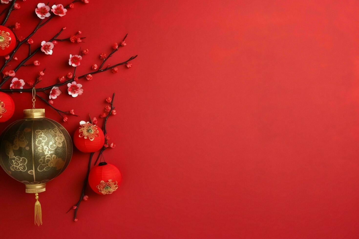 Chinese new year background with traditional lanterns, sakura flowers and copy space. Lunar new year concept by AI Generated photo