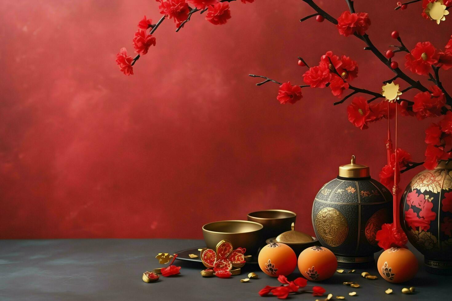 Chinese new year background with traditional lanterns, sakura flowers and copy space. Lunar new year concept by AI Generated photo