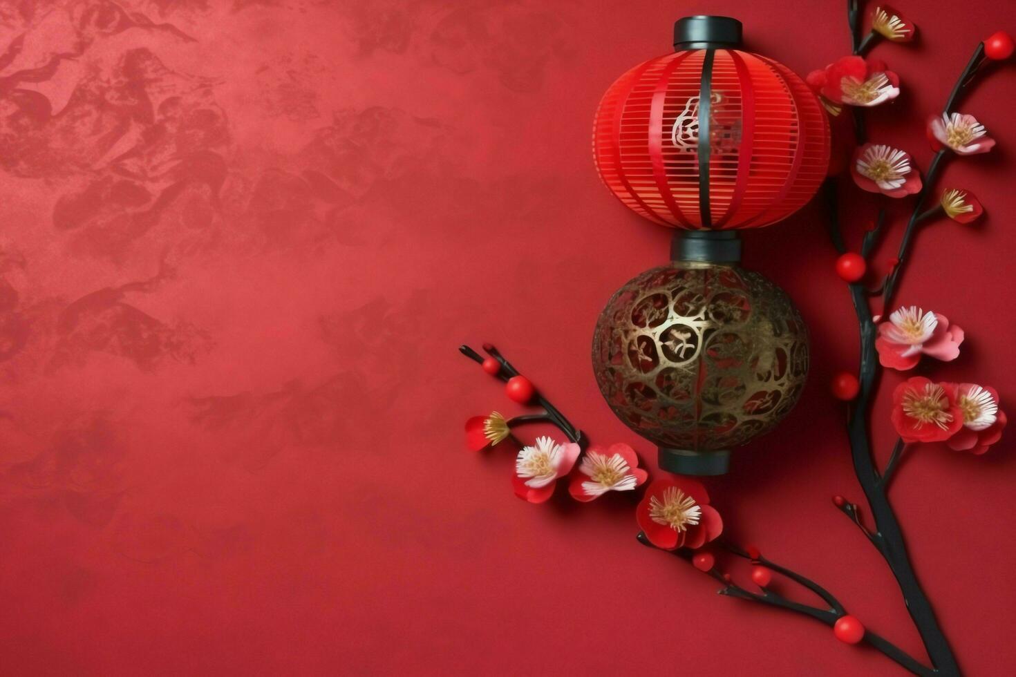 Chinese new year background with traditional lanterns, sakura flowers and copy space. Lunar new year concept by AI Generated photo