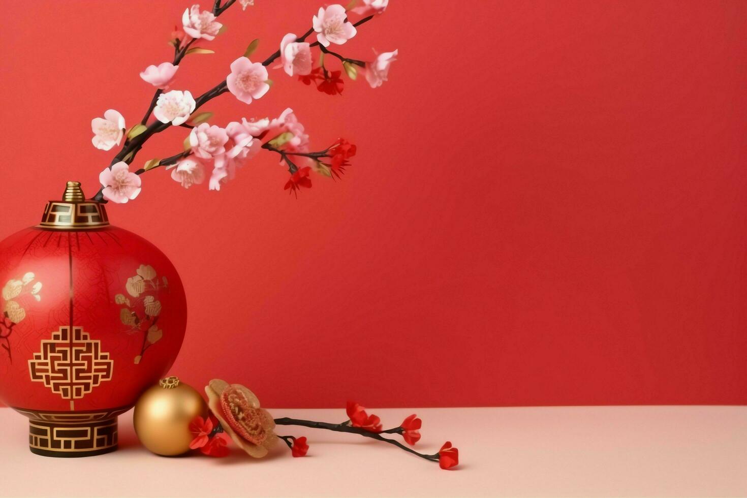 Chinese new year background with traditional lanterns, sakura flowers and copy space. Lunar new year concept by AI Generated photo