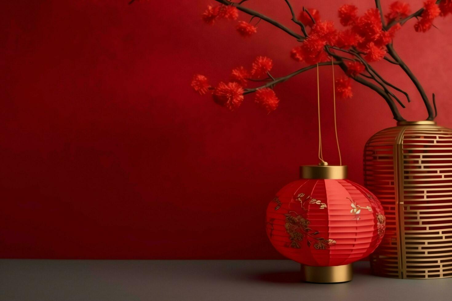 Chinese new year background with traditional lanterns, sakura flowers and copy space. Lunar new year concept by AI Generated photo