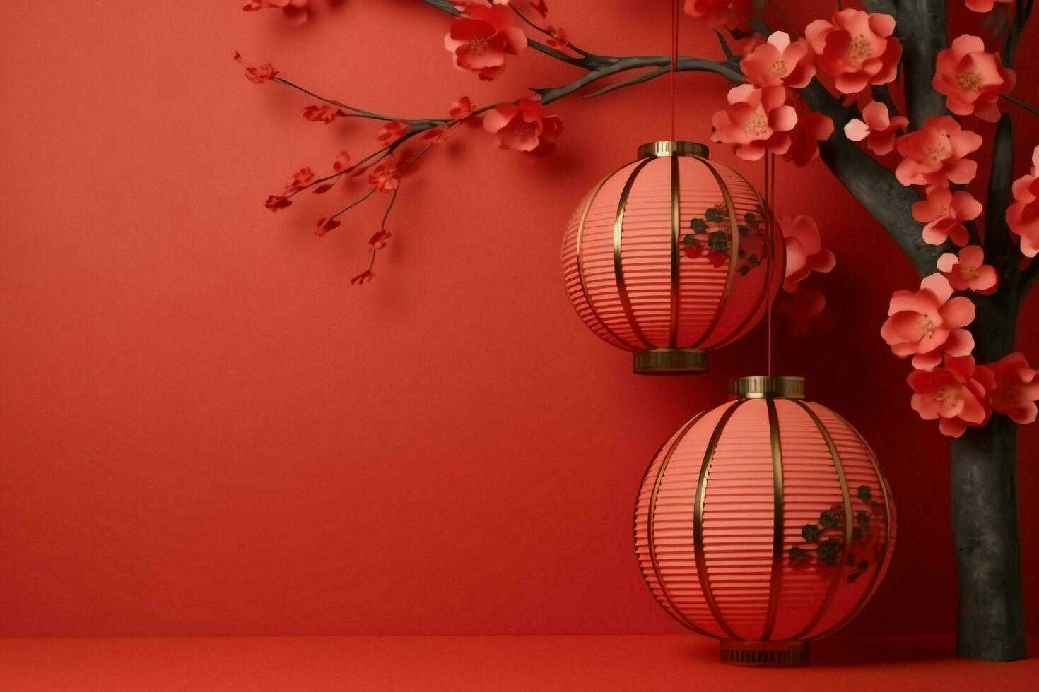 Chinese new year background with traditional lanterns, sakura flowers and copy space. Lunar new year concept by AI Generated photo