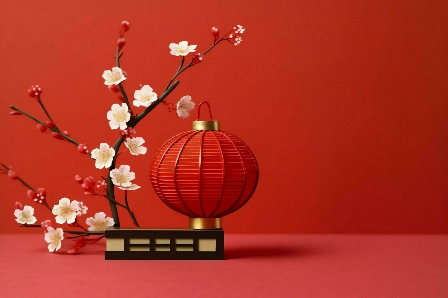 Chinese new year background with traditional lanterns, sakura flowers and copy space. Lunar new year concept by AI Generated photo