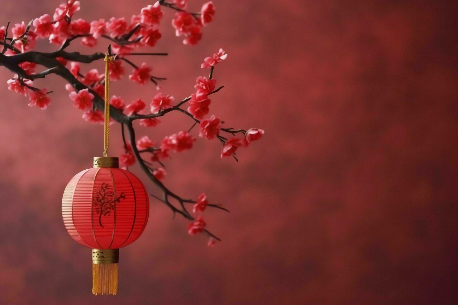 Chinese new year background with traditional lanterns, sakura flowers and copy space. Lunar new year concept by AI Generated photo