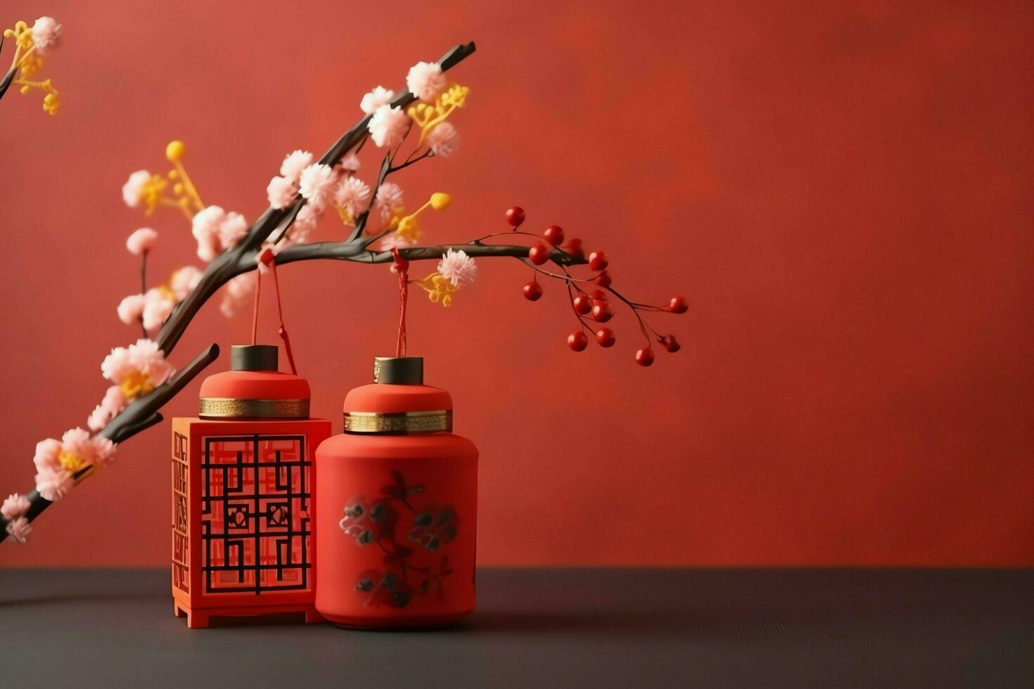 Chinese new year background with traditional lanterns, sakura flowers and copy space. Lunar new year concept by AI Generated photo