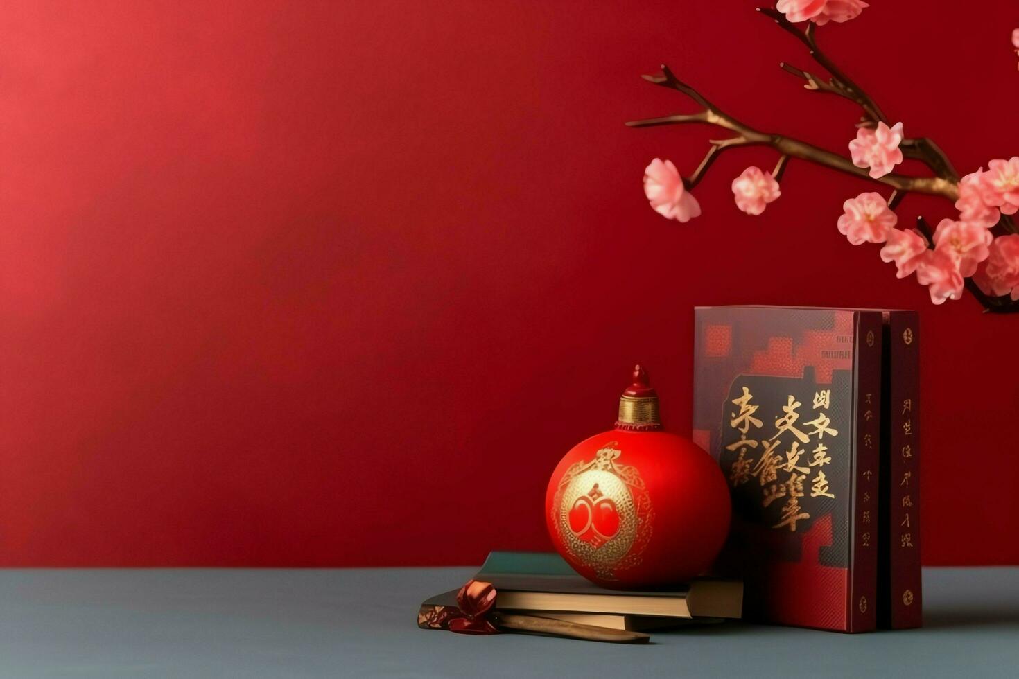 Chinese new year background with traditional lanterns, sakura flowers and copy space. Lunar new year concept by AI Generated photo