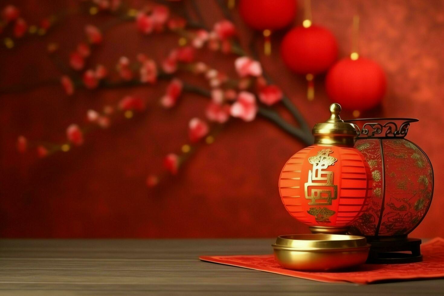 Chinese new year background with traditional lanterns, sakura flowers and copy space. Lunar new year concept by AI Generated photo