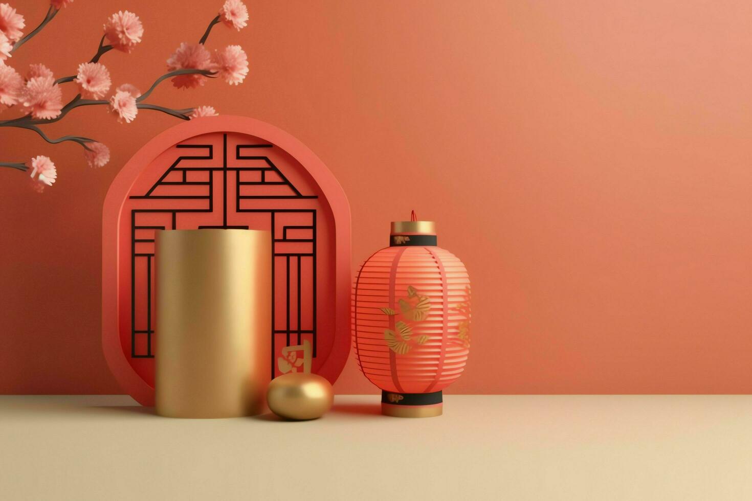 Chinese new year background with traditional lanterns, sakura flowers and copy space. Lunar new year concept by AI Generated photo