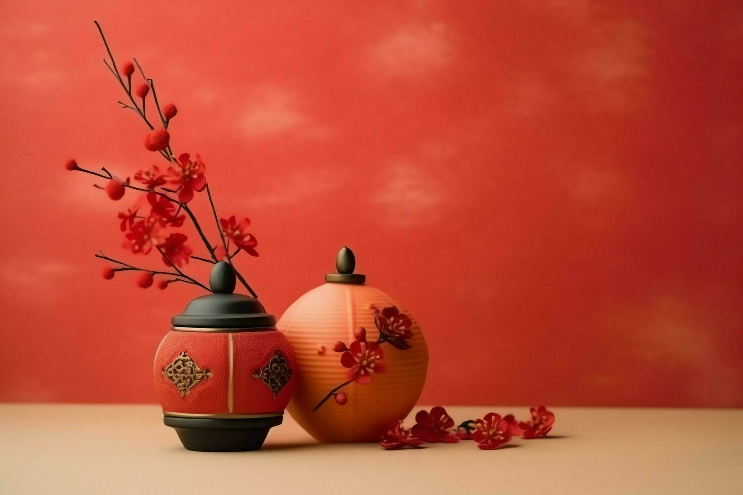 Chinese new year background with traditional lanterns, sakura flowers and copy space. Lunar new year concept by AI Generated photo