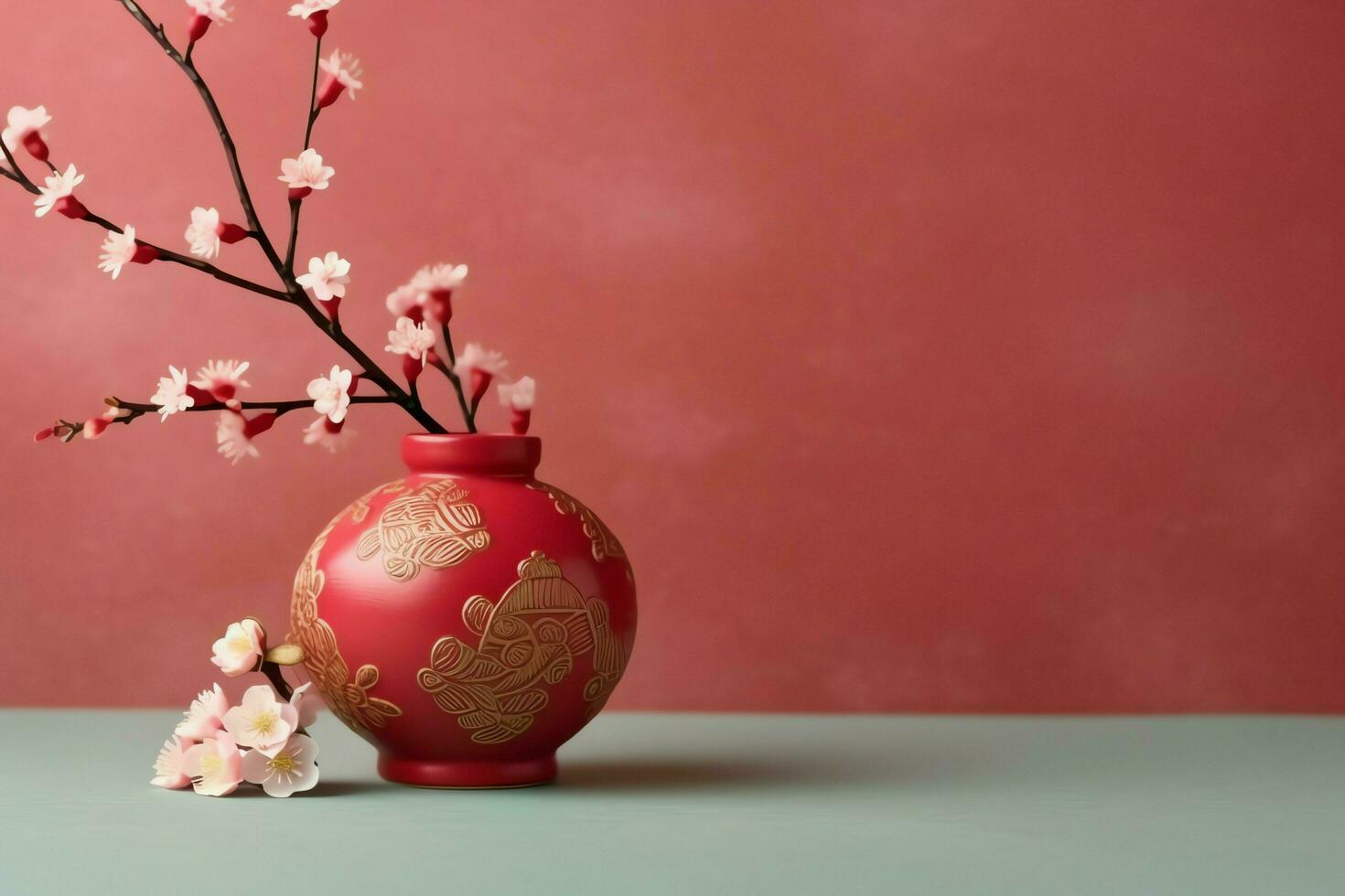 Chinese new year background with traditional lanterns, sakura flowers and copy space. Lunar new year concept by AI Generated photo