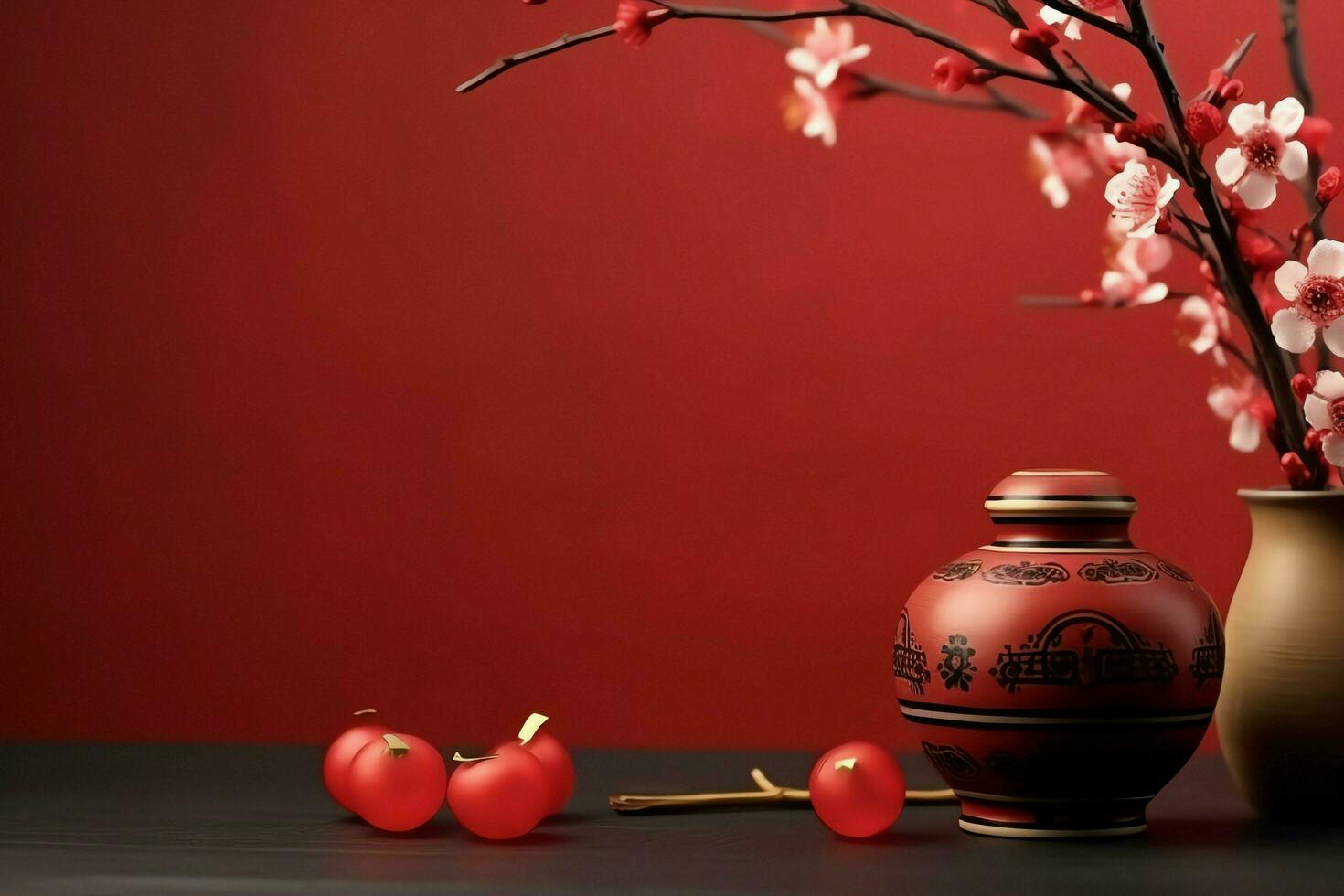 Chinese new year background with traditional lanterns, sakura flowers and copy space. Lunar new year concept by AI Generated photo