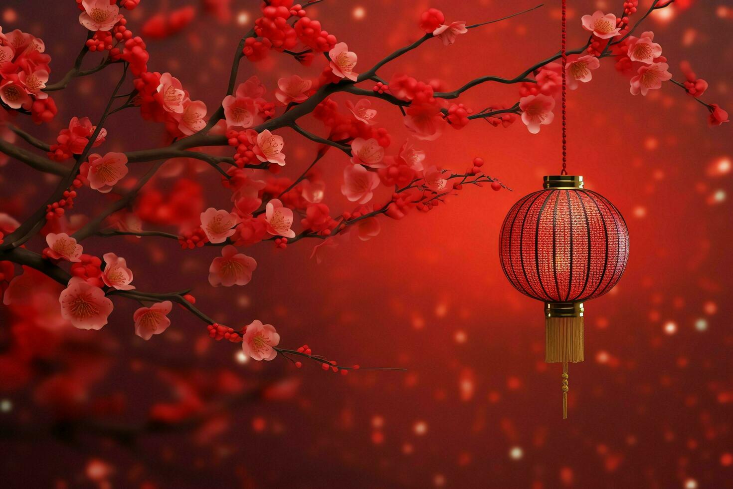 Chinese new year background with traditional lanterns, sakura flowers and copy space. Lunar new year concept by AI Generated photo
