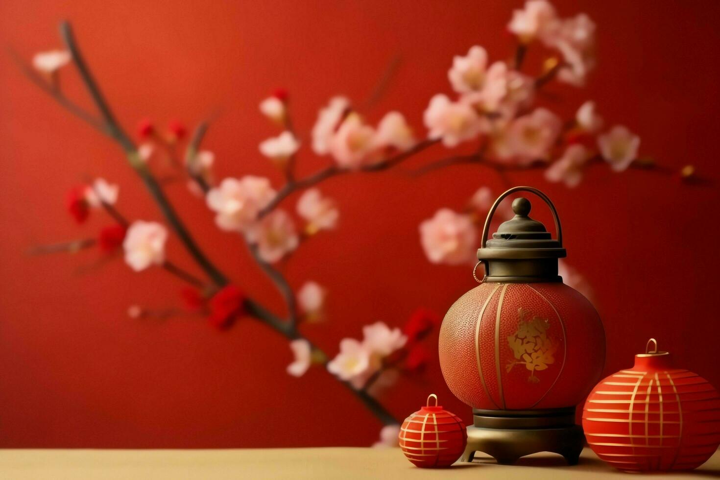 Chinese new year background with traditional lanterns, sakura flowers and copy space. Lunar new year concept by AI Generated photo