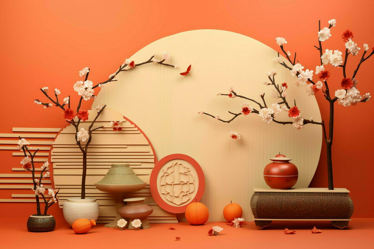 Chinese new year background with traditional lanterns, sakura flowers and copy space. Lunar new year concept by AI Generated photo