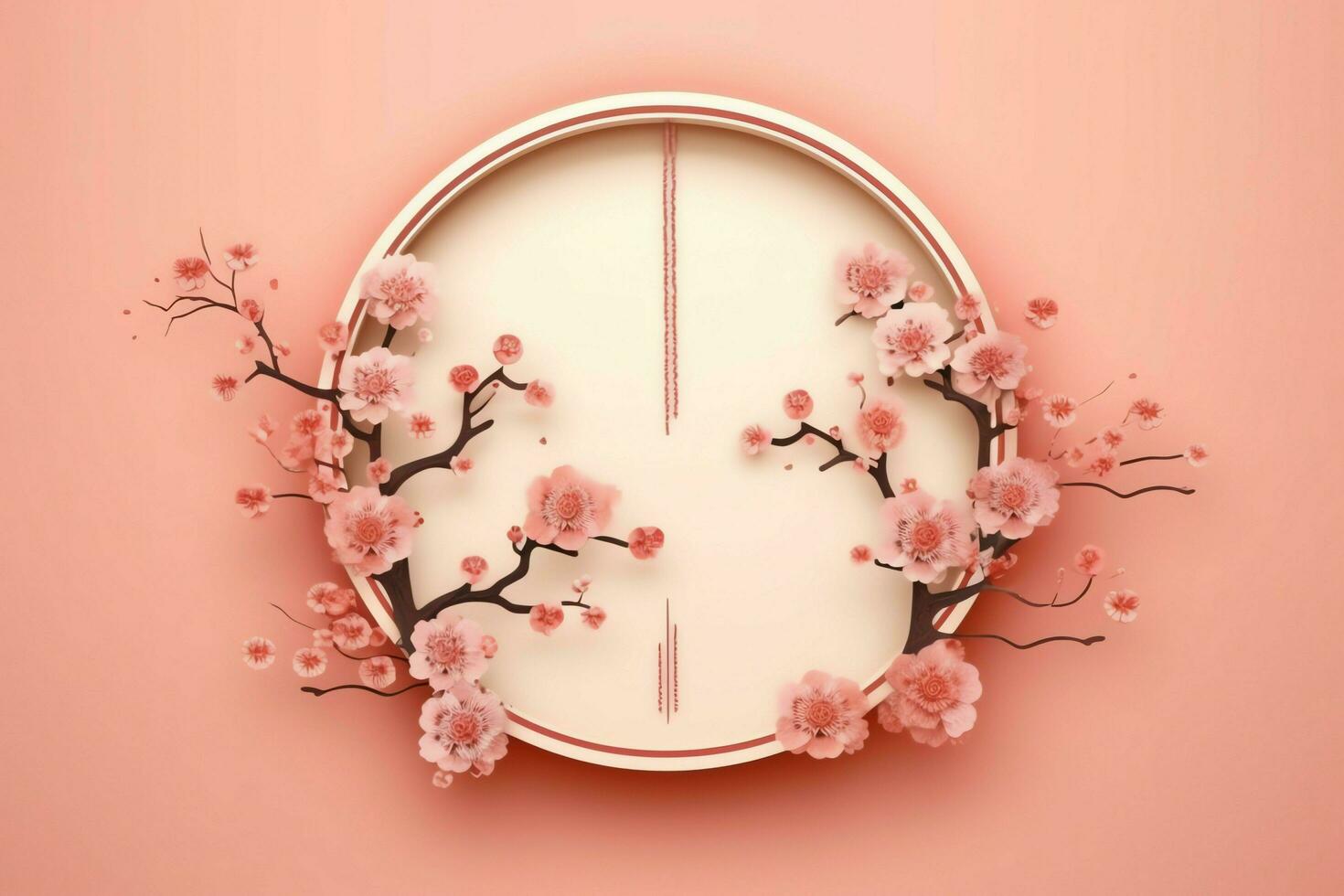 Chinese new year background with traditional lanterns, sakura flowers and copy space. Lunar new year concept by AI Generated photo