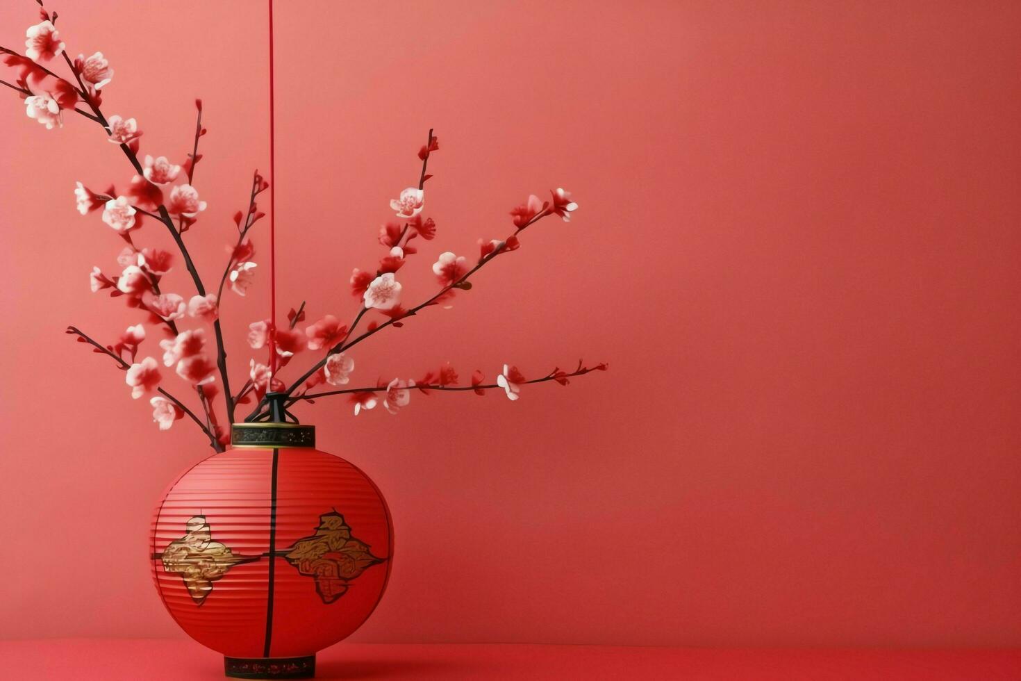 Chinese new year background with traditional lanterns, sakura flowers and copy space. Lunar new year concept by AI Generated photo