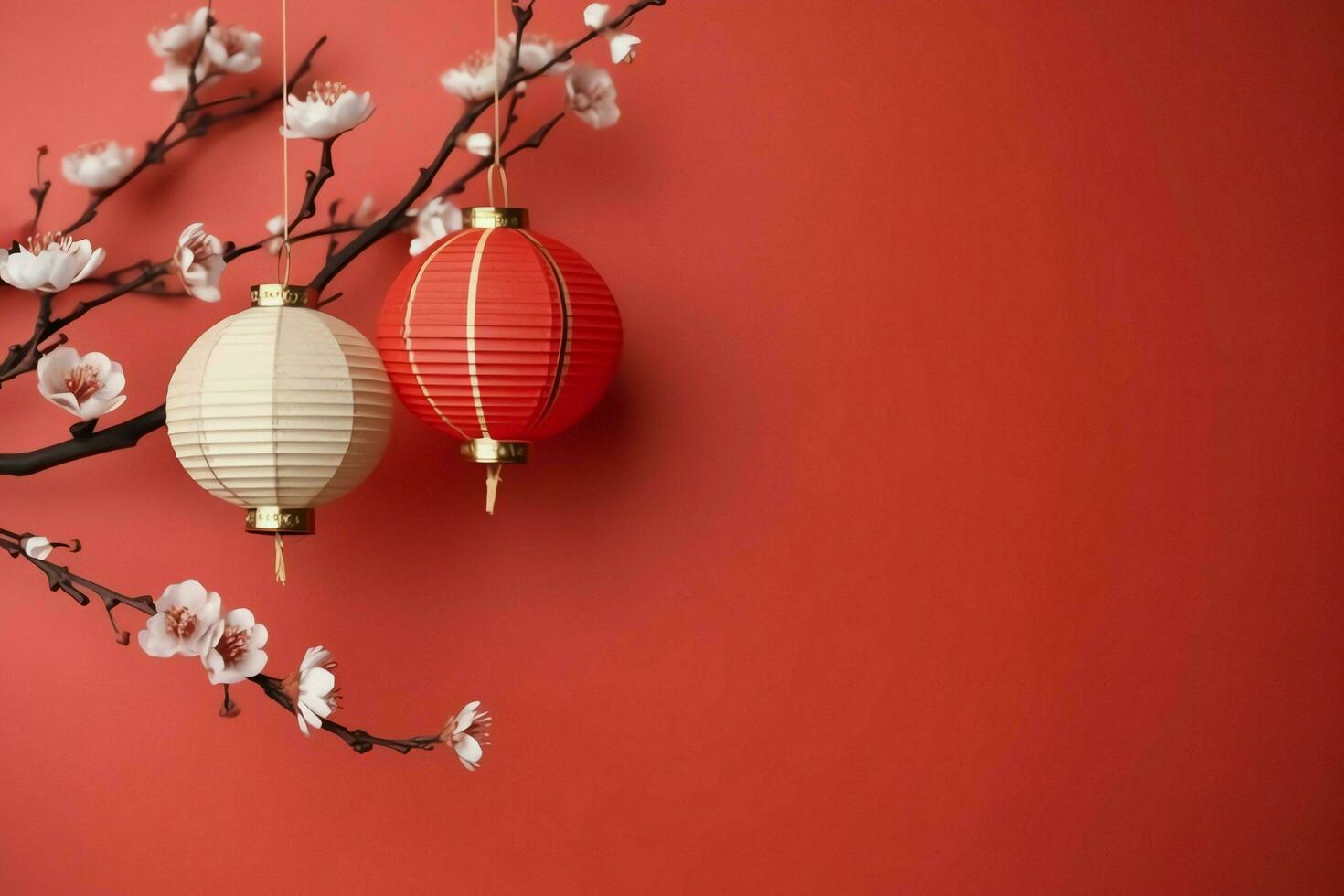 Chinese new year background with traditional lanterns, sakura flowers and copy space. Lunar new year concept by AI Generated photo