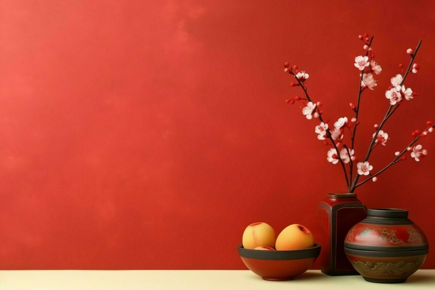 Chinese new year background with traditional lanterns, sakura flowers and copy space. Lunar new year concept by AI Generated photo