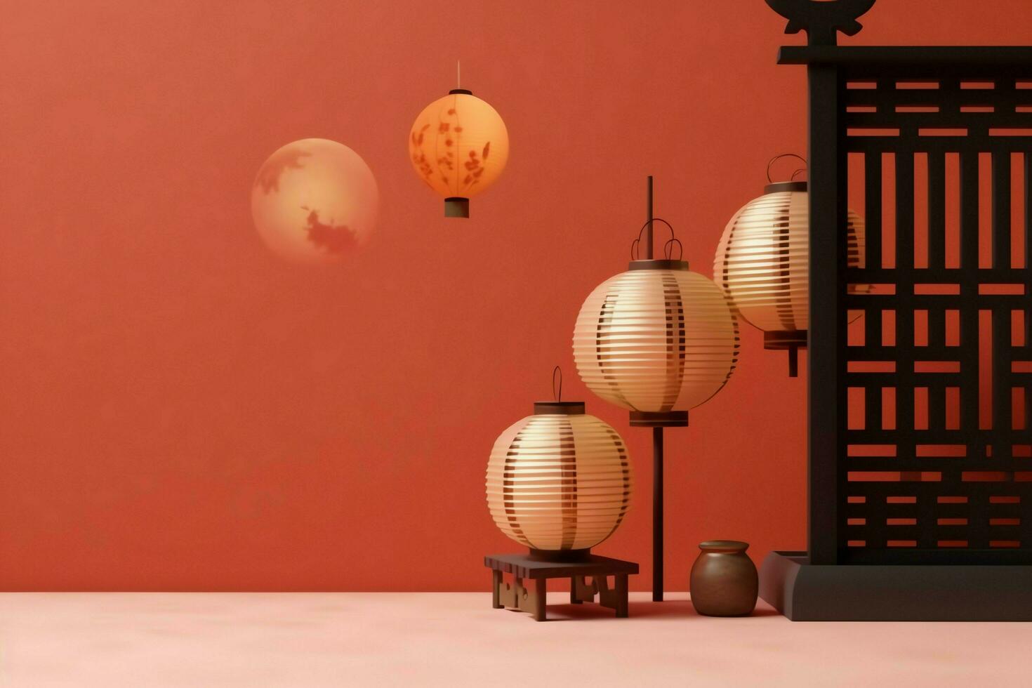 Chinese new year background with traditional lanterns, sakura flowers and copy space. Lunar new year concept by AI Generated photo