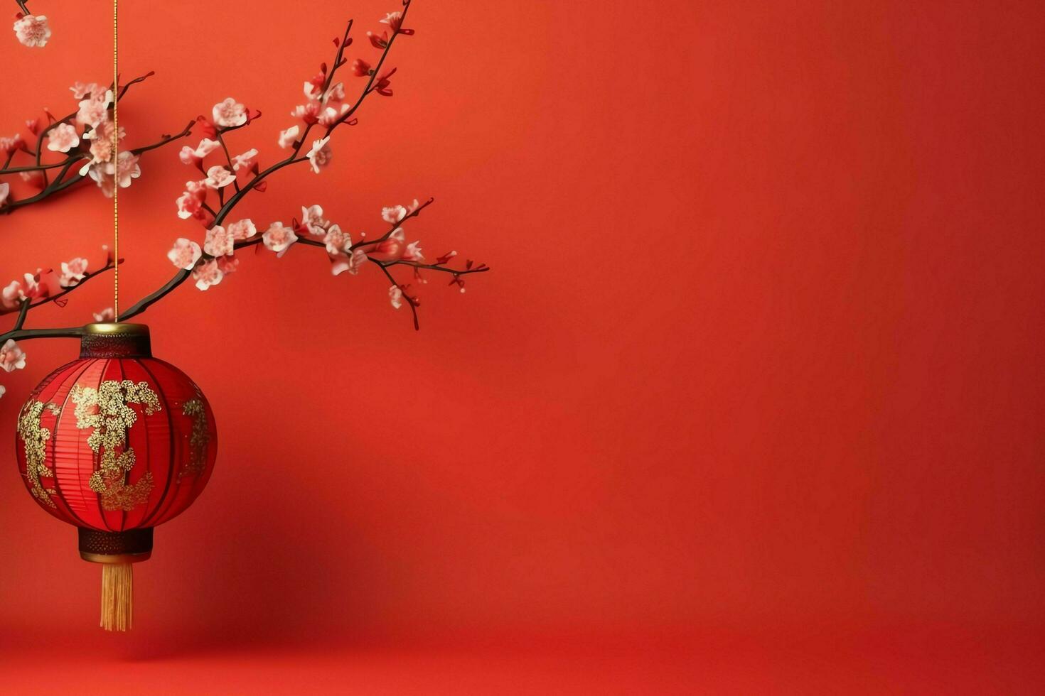 Chinese new year background with traditional lanterns, sakura flowers and copy space. Lunar new year concept by AI Generated photo