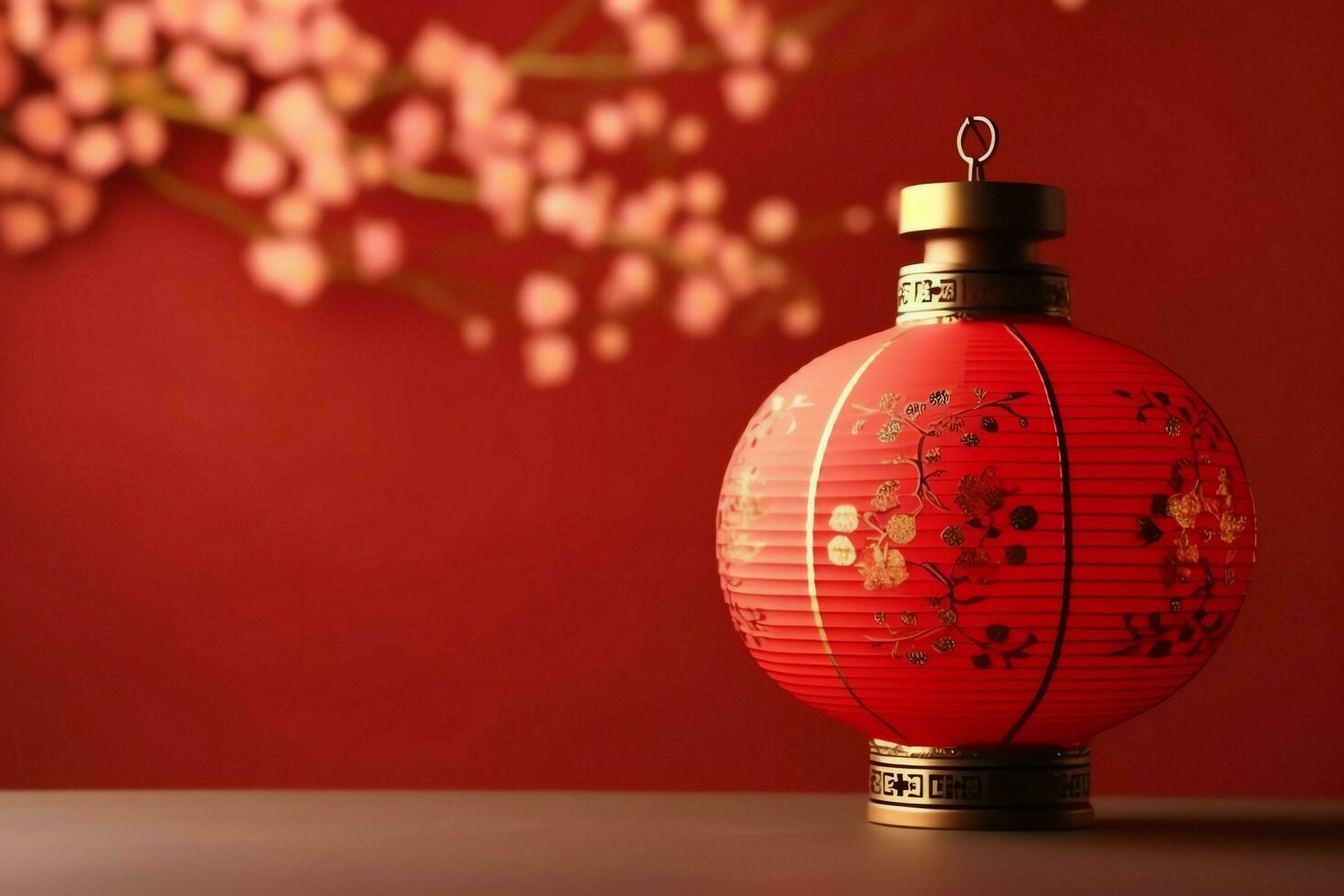 Chinese new year background with traditional lanterns, sakura flowers and copy space. Lunar new year concept by AI Generated photo