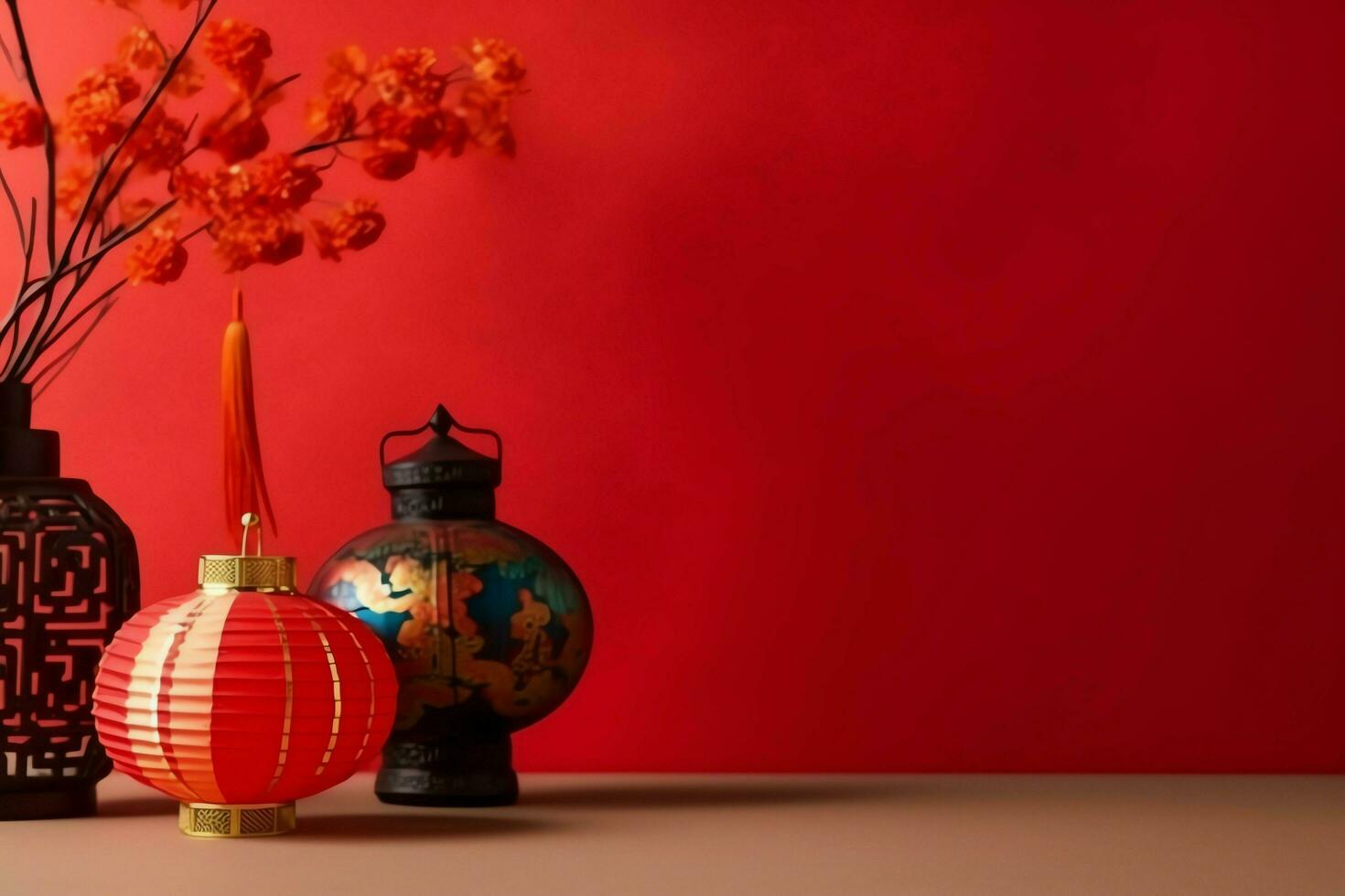 Chinese new year background with traditional lanterns, sakura flowers and copy space. Lunar new year concept by AI Generated photo