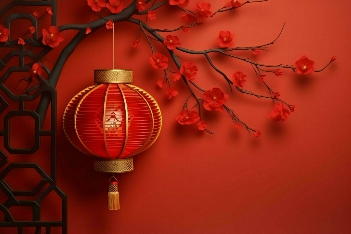 Chinese new year background with traditional lanterns, sakura flowers and copy space. Lunar new year concept by AI Generated photo