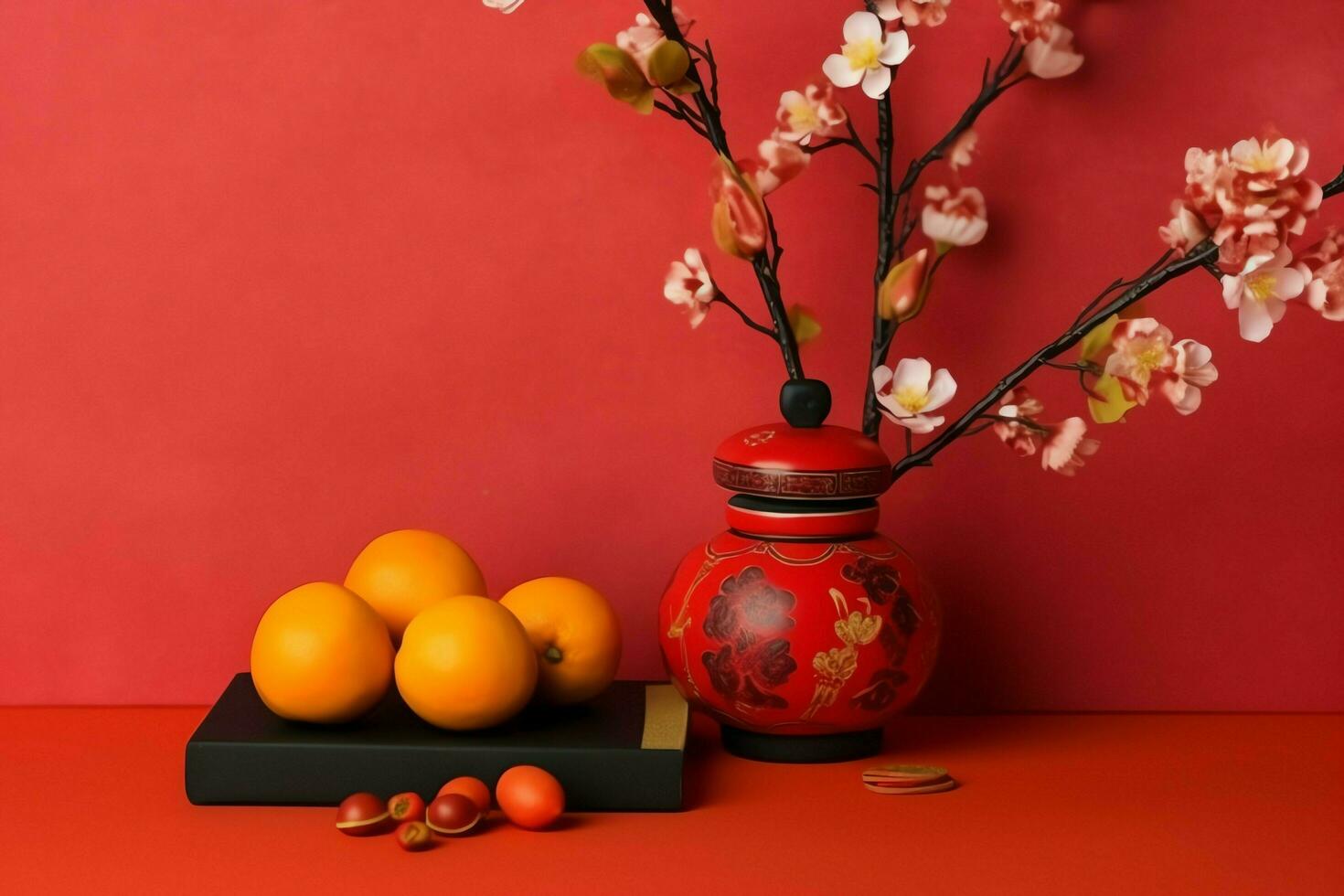 Chinese new year background with traditional lanterns, sakura flowers and copy space. Lunar new year concept by AI Generated photo