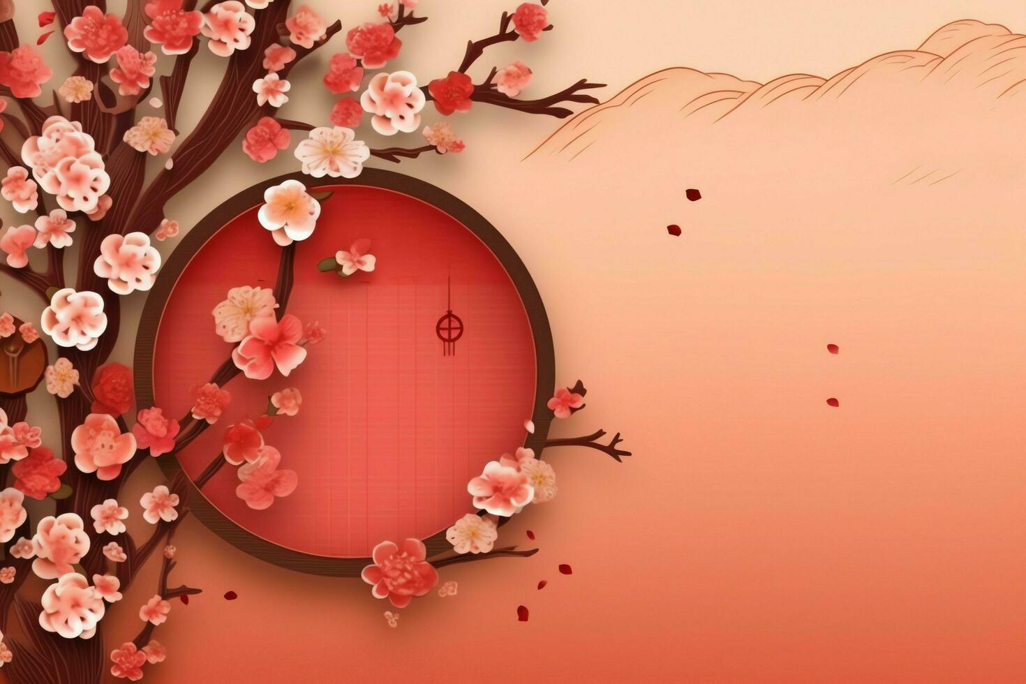 Chinese new year background with traditional lanterns, sakura flowers