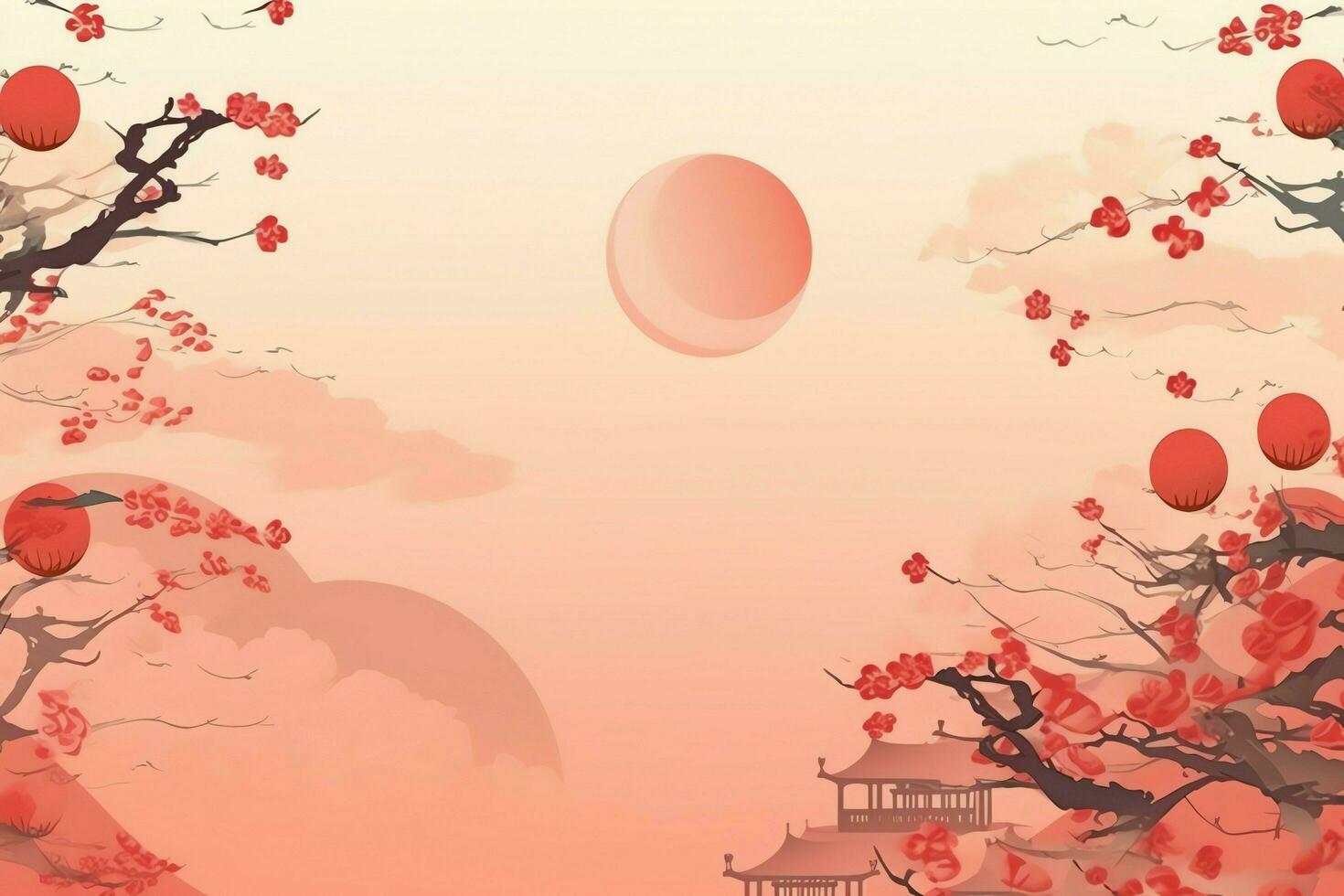 chino nuevo año antecedentes con tradicional linternas, sakura flores y Copiar espacio. lunar nuevo año concepto por ai generado foto