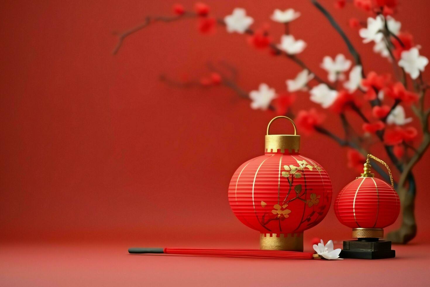 Chinese new year background with traditional lanterns, sakura flowers and copy space. Lunar new year concept by AI Generated photo