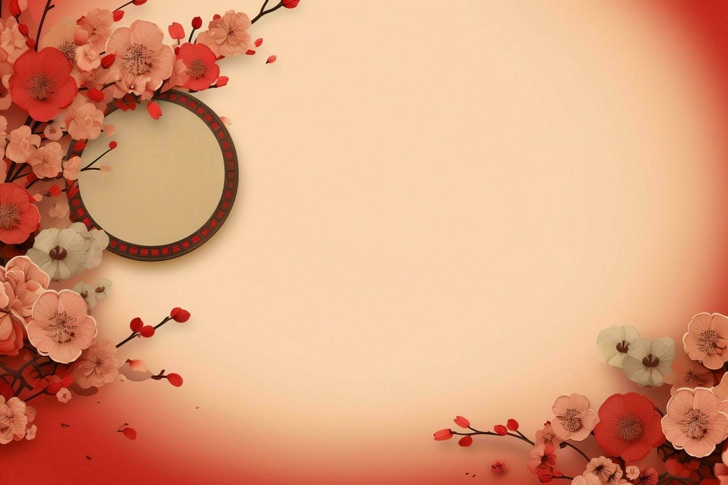 Chinese new year background with traditional lanterns, sakura flowers and copy space. Lunar new year concept by AI Generated photo