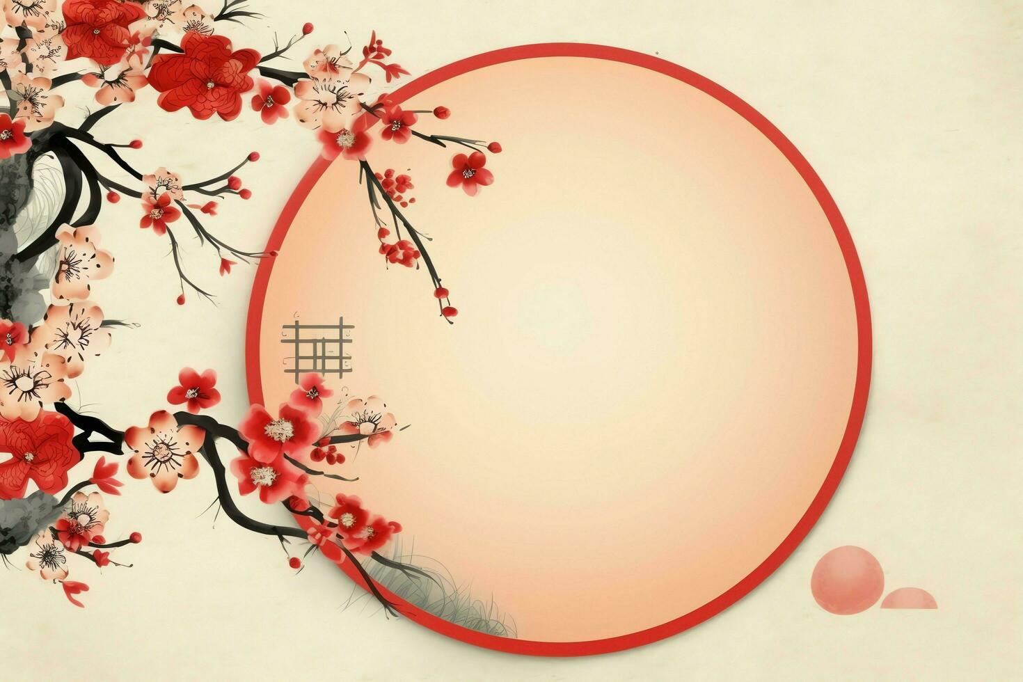 Chinese new year background with traditional lanterns, sakura flowers and copy space. Lunar new year concept by AI Generated photo