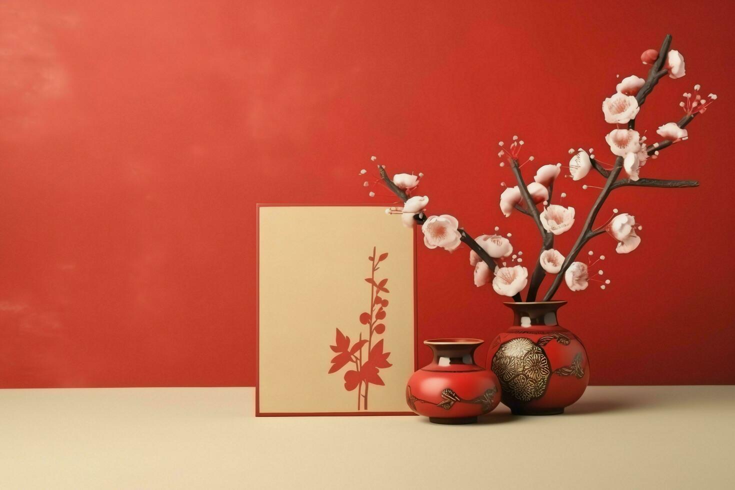 Chinese new year background with traditional lanterns, sakura flowers and copy space. Lunar new year concept by AI Generated photo