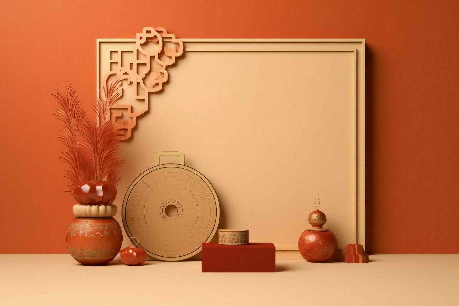 Chinese new year background with traditional lanterns, sakura flowers and copy space. Lunar new year concept by AI Generated photo