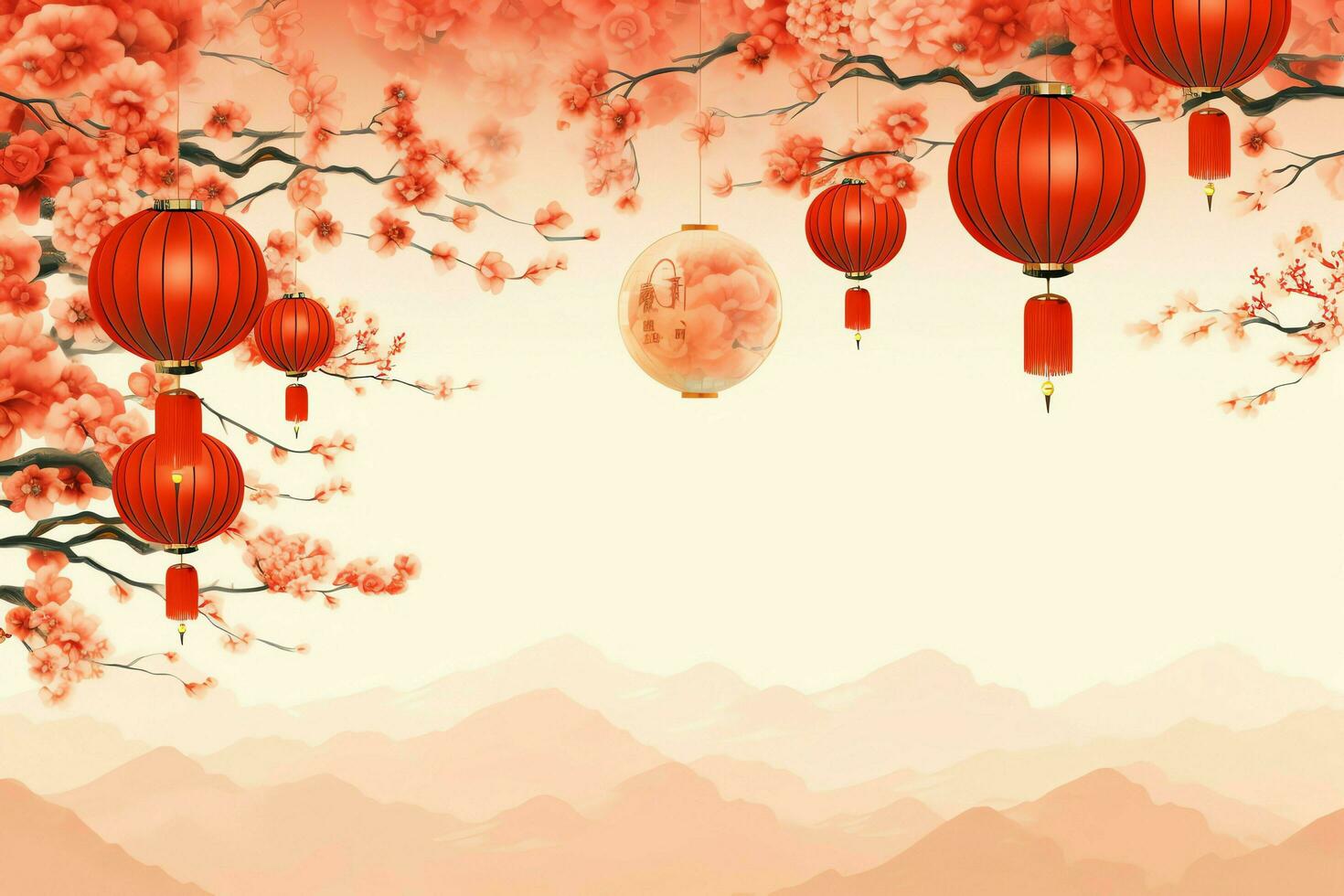 Chinese new year background with traditional lanterns, sakura flowers and copy space. Lunar new year concept by AI Generated photo